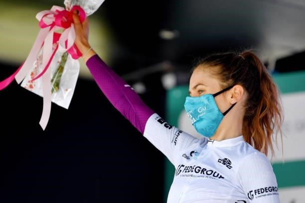 Niamh Fisher-Black of New Zealand and Team SD Worx white best young jersey celebrates at podium during the 32nd Giro d'Italia Internazionale...