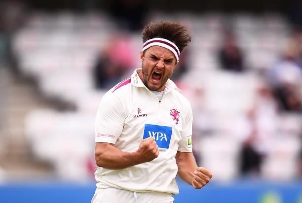 Jack Brooks of Somerset celebrates after taking the wicket of Rishi Patel of Leicestershire during Day Two of the LV= Insurance County Championship...