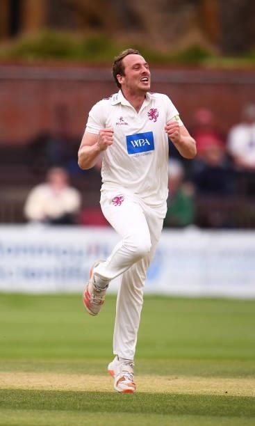 Josh Davey of Somerset celebrates after taking the wicket of Marcus Harris of Leicestershire during Day Two of the LV= Insurance County Championship...