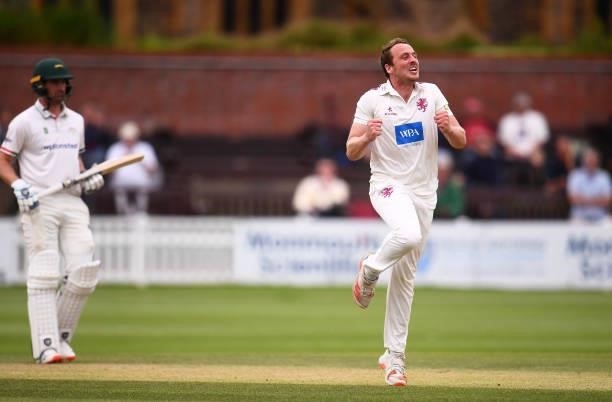 Josh Davey of Somerset celebrates after taking the wicket of Marcus Harris of Leicestershire during Day Two of the LV= Insurance County Championship...