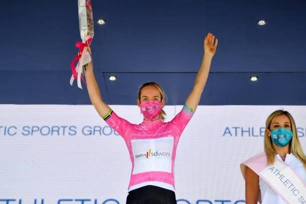 Anna Van Der Breggen of Netherlands and Team SD Worx Pink Leader Jersey stage winner celebrates at podium during the 32nd Giro d'Italia...