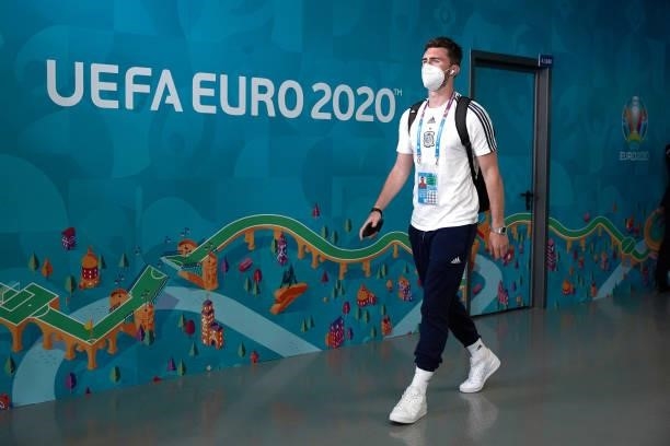 Aymeric Laporte of Spain arrives at Gazprom Arena stadium before the UEFA Euro 2020 Championship Quarter-final match between Switzerland and Spain on...