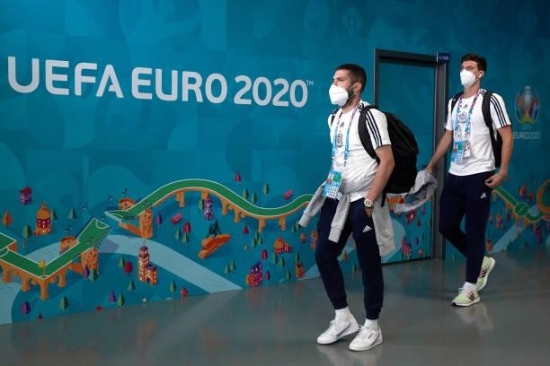 Pau Torres of Spain and his teammate Jordi Alba arrive at Gazprom Arena stadium before the UEFA Euro 2020 Championship Quarter-final match between...