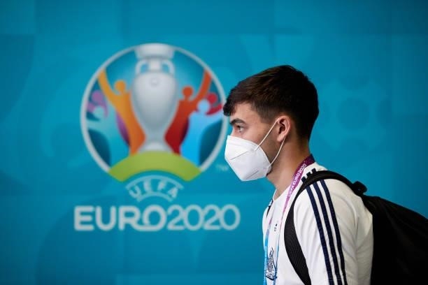 Pedro Gonzalez Lopez alias Pedri of Spain arrives at Gazprom Arena stadium before the UEFA Euro 2020 Championship Quarter-final match between...