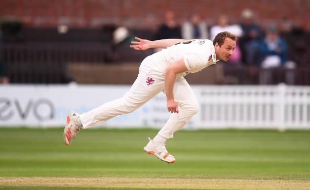 Josh Davey of Somerset in bowling action during Day Two of the LV= Insurance County Championship match between Somerset and Leicestershire at The...