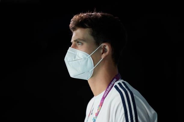Pau Torres of Spain walks along the dressing room tunnel at Gazprom Arena stadium before the UEFA Euro 2020 Championship Quarter-final match between...