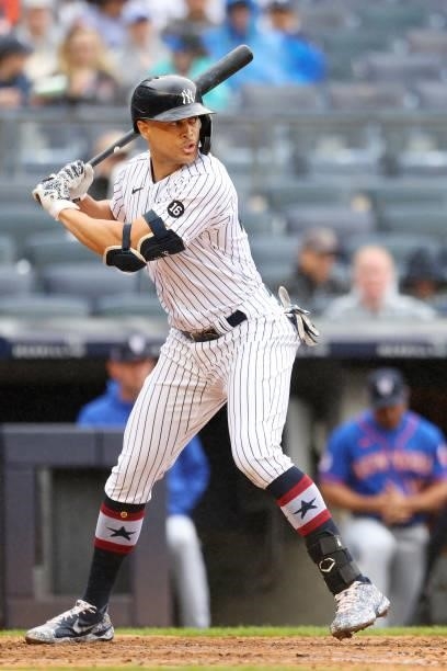 Giancarlo Stanton of the New York Yankees in action against the New York Mets during a game at Yankee Stadium on July 3, 2021 in New York City.