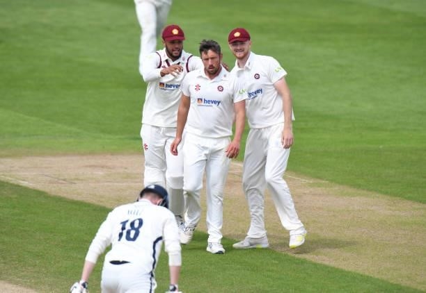 Simon Kerrigan of Northamptonshire celebrates taking the wicket of George Hill of Yorkshire during the LV= Insurance County Championship match...