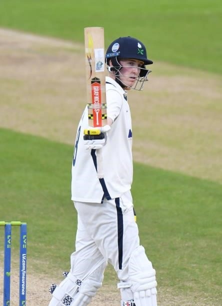 Harry Brook of Yorkshire celebrates reaching his 50 during the LV= Insurance County Championship match between Northamptonshire and Yorkshire at The...