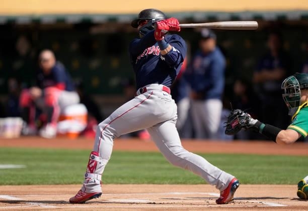Enrique Hernandez of the Boston Red Sox bats against the Oakland Athletics in the top of the first inning at RingCentral Coliseum on July 03, 2021 in...