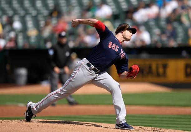 Garrett Richards of the Boston Red Sox pitches against the Oakland Athletics in the bottom of the first inning at RingCentral Coliseum on July 03,...