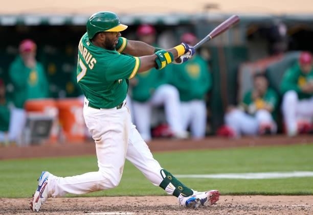 Elvis Andrus of the Oakland Athletics bats against the Boston Red Sox in the bottom of the eighth inning at RingCentral Coliseum on July 03, 2021 in...