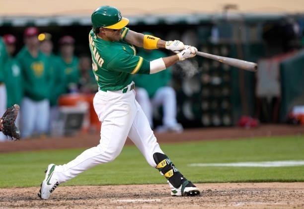 Ramon Laureano of the Oakland Athletics bats against the Boston Red Sox in the bottom of the 11th inning at RingCentral Coliseum on July 03, 2021 in...