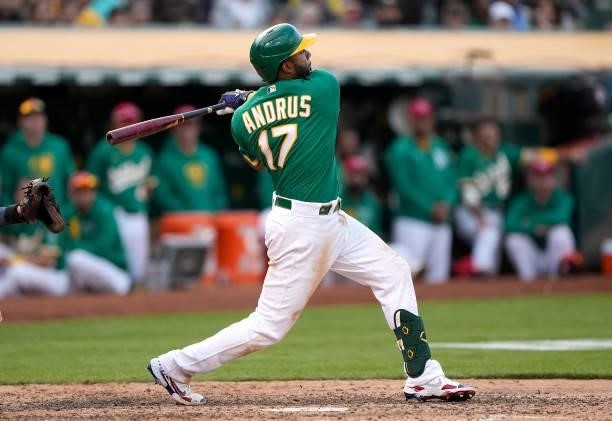 Elvis Andrus of the Oakland Athletics bats against the Boston Red Sox in the bottom of the 10th inning at RingCentral Coliseum on July 03, 2021 in...