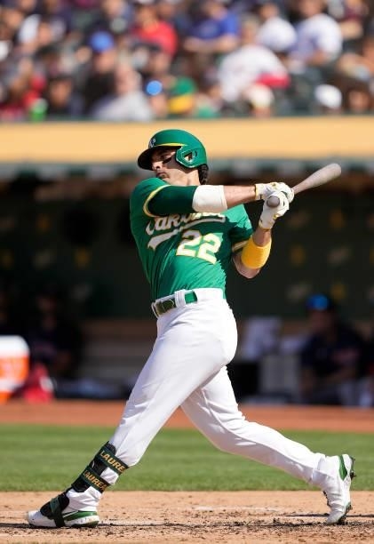 Ramon Laureano of the Oakland Athletics bats against the Boston Red Sox in the bottom of the second inning at RingCentral Coliseum on July 03, 2021...