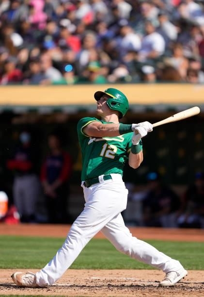 Sean Murphy of the Oakland Athletics bats against the Boston Red Sox in the bottom of the second inning at RingCentral Coliseum on July 03, 2021 in...