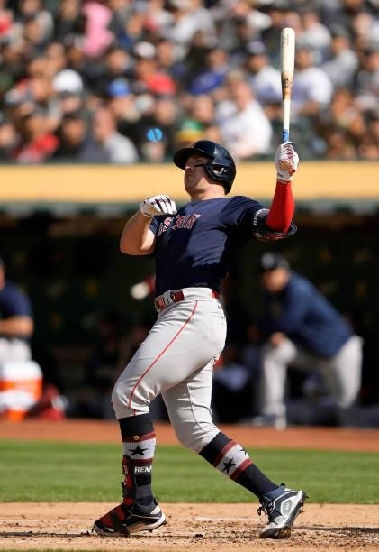 Hunter Renfroe of the Boston Red Sox bats against the Oakland Athletics in the top of the second inning at RingCentral Coliseum on July 03, 2021 in...