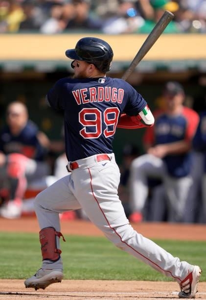 Alex Verdugo of the Boston Red Sox bats against the Oakland Athletics in the top of the first inning at RingCentral Coliseum on July 03, 2021 in...