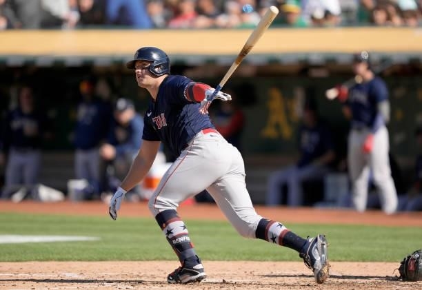 Hunter Renfroe of the Boston Red Sox bats against the Oakland Athletics in the top of the fourth inning at RingCentral Coliseum on July 03, 2021 in...