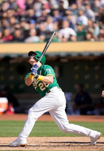 Matt Chapman of the Oakland Athletics bats against the Boston Red Sox in the bottom of the third inning at RingCentral Coliseum on July 03, 2021 in...