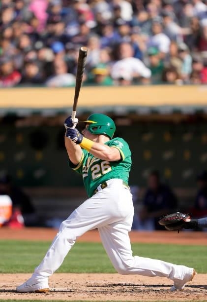 Matt Chapman of the Oakland Athletics bats against the Boston Red Sox in the bottom of the third inning at RingCentral Coliseum on July 03, 2021 in...