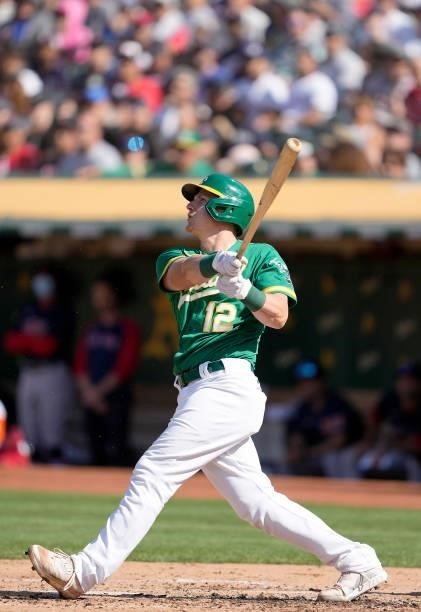 Sean Murphy of the Oakland Athletics bats against the Boston Red Sox in the bottom of the second inning at RingCentral Coliseum on July 03, 2021 in...