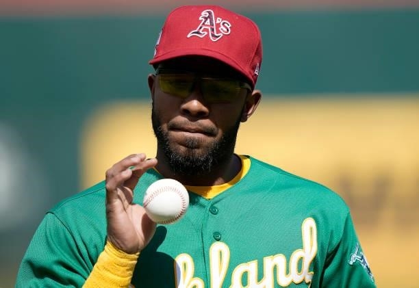 Detailed view of the baseball cap worn by Elvis Andrus of the Oakland Athletics against the Boston Red Sox at RingCentral Coliseum on July 03, 2021...