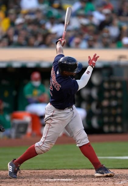 Xander Bogaerts of the Boston Red Sox bats against the Oakland Athletics in the top of the eighth inning at RingCentral Coliseum on July 03, 2021 in...
