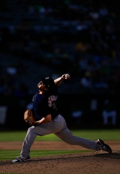 Hirokazu Sawamura of the Boston Red Sox pitches against the Oakland Athletics in the bottom of the six inning at RingCentral Coliseum on July 03,...