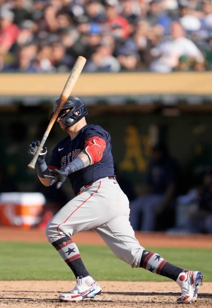 Christian Vazquez of the Boston Red Sox bats against the Oakland Athletics in the top of othe six inning at RingCentral Coliseum on July 03, 2021 in...