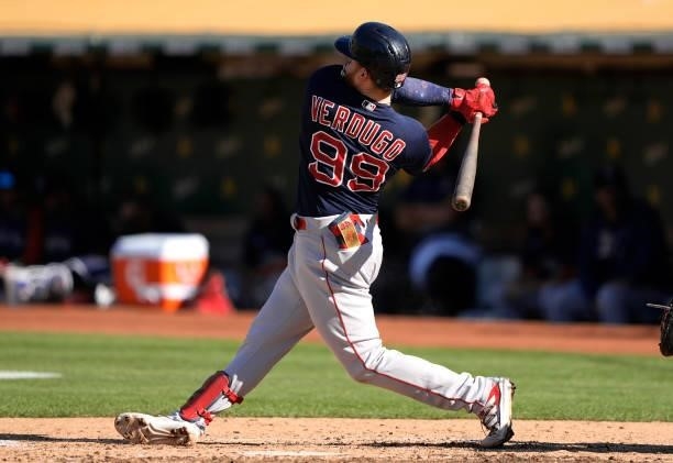 Alex Verdugo of the Boston Red Sox bats against the Oakland Athletics in the top of the fifth inning at RingCentral Coliseum on July 03, 2021 in...