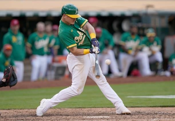 Matt Chapman of the Oakland Athletics bats against the Boston Red Sox in the bottom of the ninth inning at RingCentral Coliseum on July 03, 2021 in...
