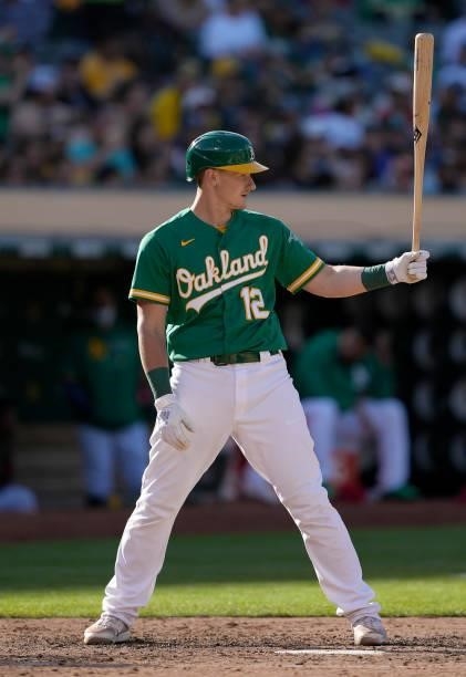 Sean Murphy of the Oakland Athletics bats against the Boston Red Sox in the bottom of the six inning at RingCentral Coliseum on July 03, 2021 in...