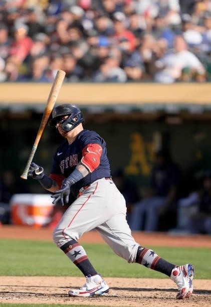 Christian Vazquez of the Boston Red Sox bats against the Oakland Athletics in the top of othe six inning at RingCentral Coliseum on July 03, 2021 in...