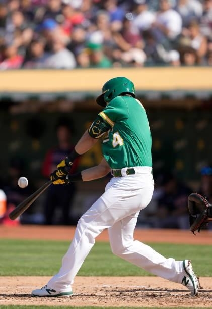 Chad Pinder of the Oakland Athletics bats against the Boston Red Sox in the bottom of the second inning at RingCentral Coliseum on July 03, 2021 in...