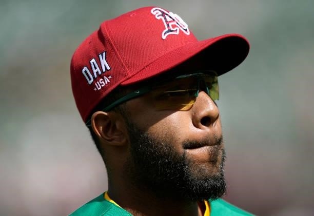 Detailed view of the baseball cap worn by Elvis Andrus of the Oakland Athletics against the Boston Red Sox at RingCentral Coliseum on July 03, 2021...