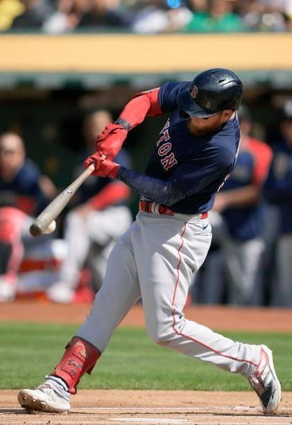 Alex Verdugo of the Boston Red Sox bats against the Oakland Athletics in the top of the first inning at RingCentral Coliseum on July 03, 2021 in...