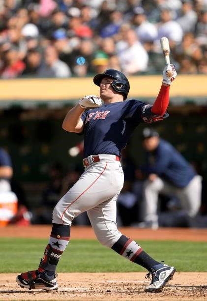 Hunter Renfroe of the Boston Red Sox bats against the Oakland Athletics in the top of the second inning at RingCentral Coliseum on July 03, 2021 in...