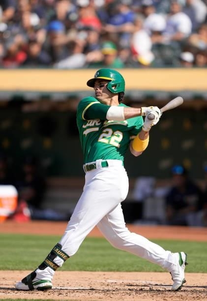 Ramon Laureano of the Oakland Athletics bats against the Boston Red Sox in the bottom of the second inning at RingCentral Coliseum on July 03, 2021...