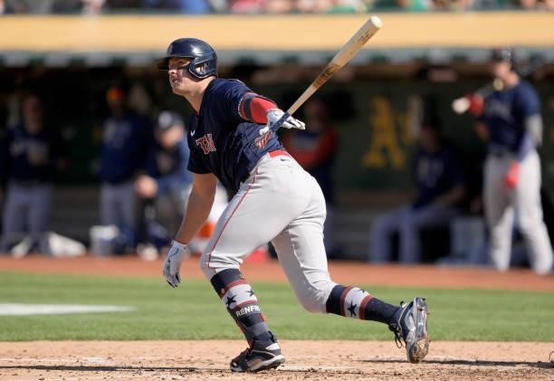 Hunter Renfroe of the Boston Red Sox bats against the Oakland Athletics in the top of the fourth inning at RingCentral Coliseum on July 03, 2021 in...
