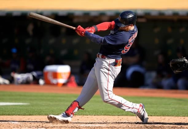 Alex Verdugo of the Boston Red Sox bats against the Oakland Athletics in the top of the fifth inning at RingCentral Coliseum on July 03, 2021 in...