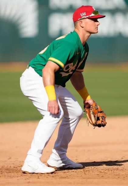 Matt Chapman of the Oakland Athletics down and ready to at his position against the Boston Red Sox in the top of the six inning at RingCentral...