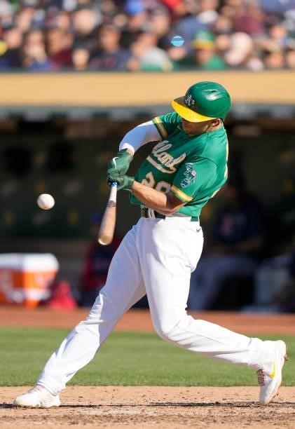 Matt Olson of the Oakland Athletics bats against the Boston Red Sox in the bottom of the fifth inning at RingCentral Coliseum on July 03, 2021 in...