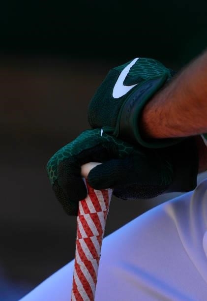 Detailed view of the Nike batting gloves worn by Matt Olson of the Oakland Athletics against the Boston Red Sox in the bottom of the first inning at...