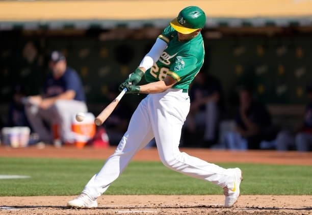 Matt Olson of the Oakland Athletics bats against the Boston Red Sox in the bottom of the third inning at RingCentral Coliseum on July 03, 2021 in...