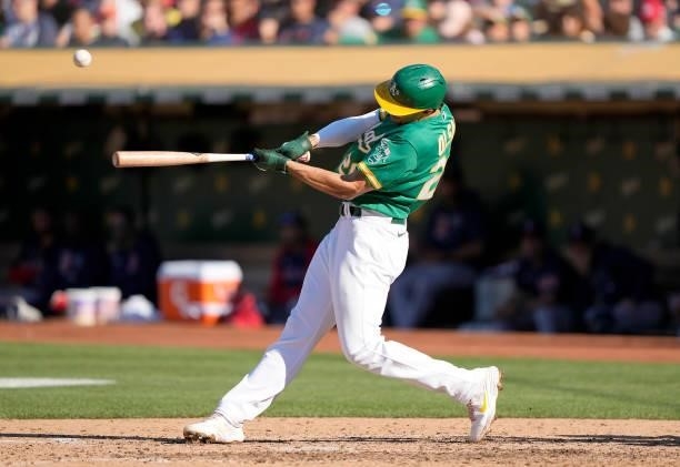 Matt Olson of the Oakland Athletics bats against the Boston Red Sox in the bottom of the fifth inning at RingCentral Coliseum on July 03, 2021 in...