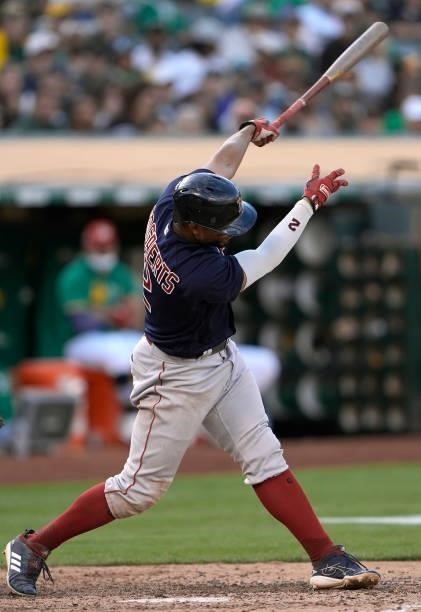 Xander Bogaerts of the Boston Red Sox bats against the Oakland Athletics in the top of the eighth inning at RingCentral Coliseum on July 03, 2021 in...