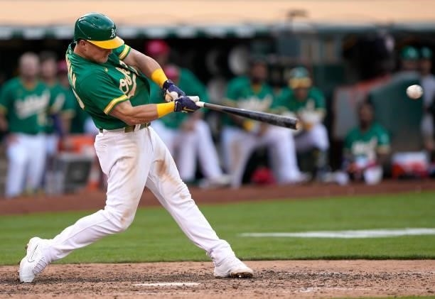 Matt Chapman of the Oakland Athletics bats against the Boston Red Sox in the bottom of the ninth inning at RingCentral Coliseum on July 03, 2021 in...