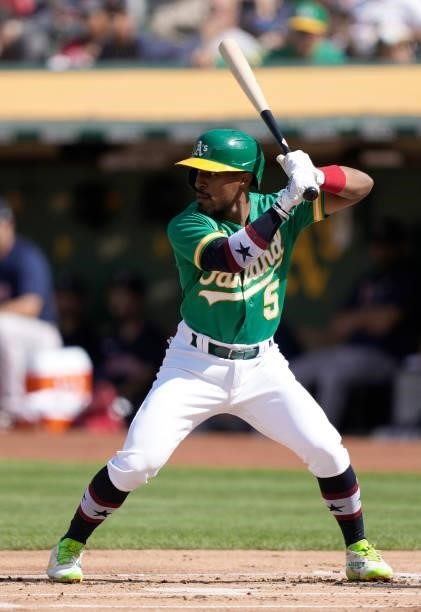 Tony Kemp of the Oakland Athletics bats against the Boston Red Sox in the bottom of the first inning at RingCentral Coliseum on July 03, 2021 in...