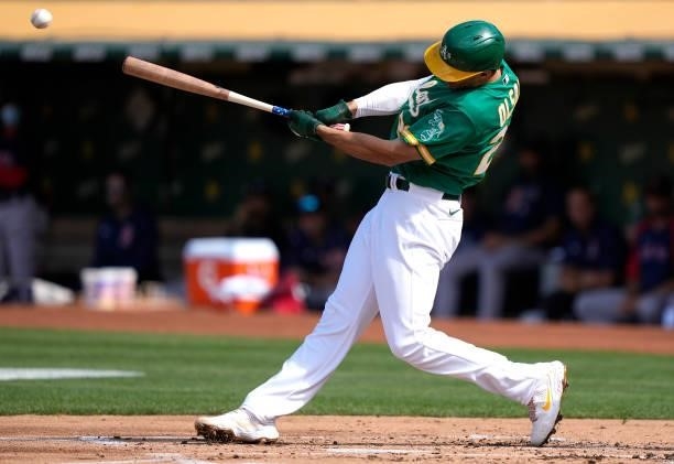 Matt Olson of the Oakland Athletics bats against the Boston Red Sox in the bottom of the first inning at RingCentral Coliseum on July 03, 2021 in...
